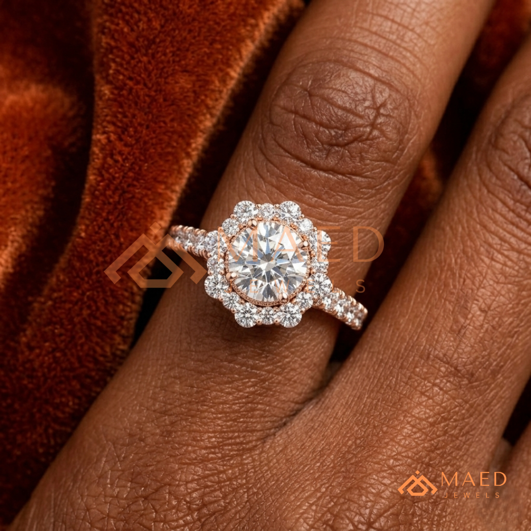 Round-Cut Halo Engagement Ring with Marquise-Accented Side Stones