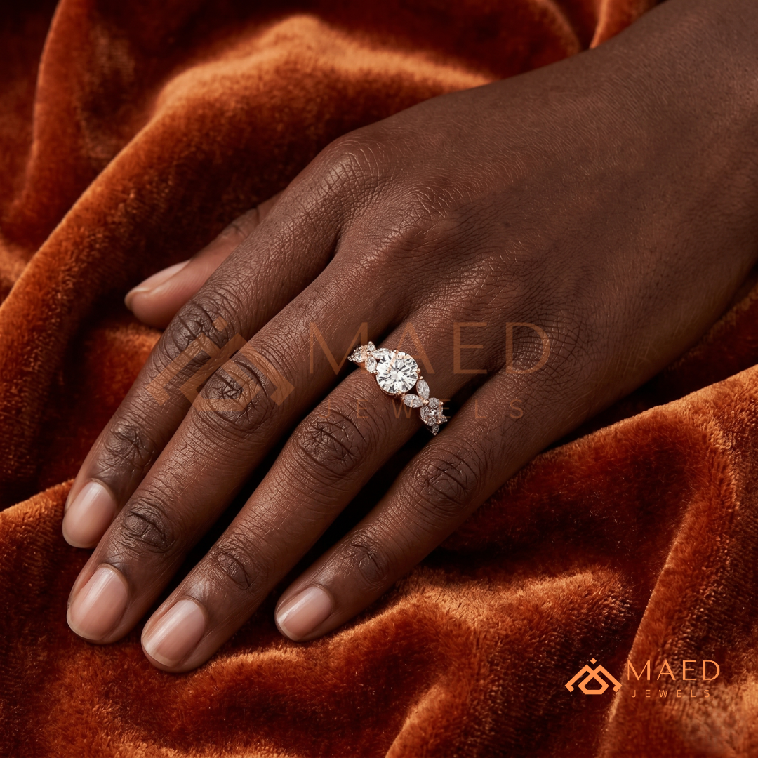 Botanical Marquise Cluster Engagement Ring with Round Center Stone
