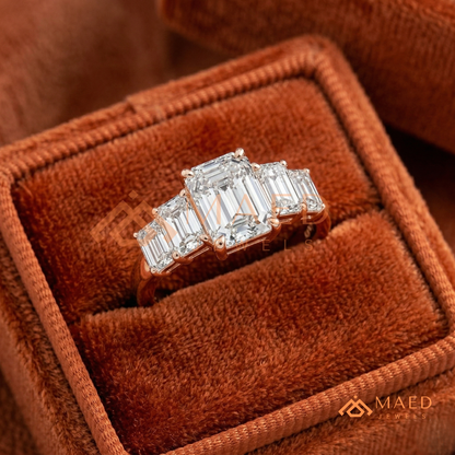 Five-Stone Emerald Cut Diamond Simulant Ring (14k White, Yellow, Rose Gold & Sterling Silver)