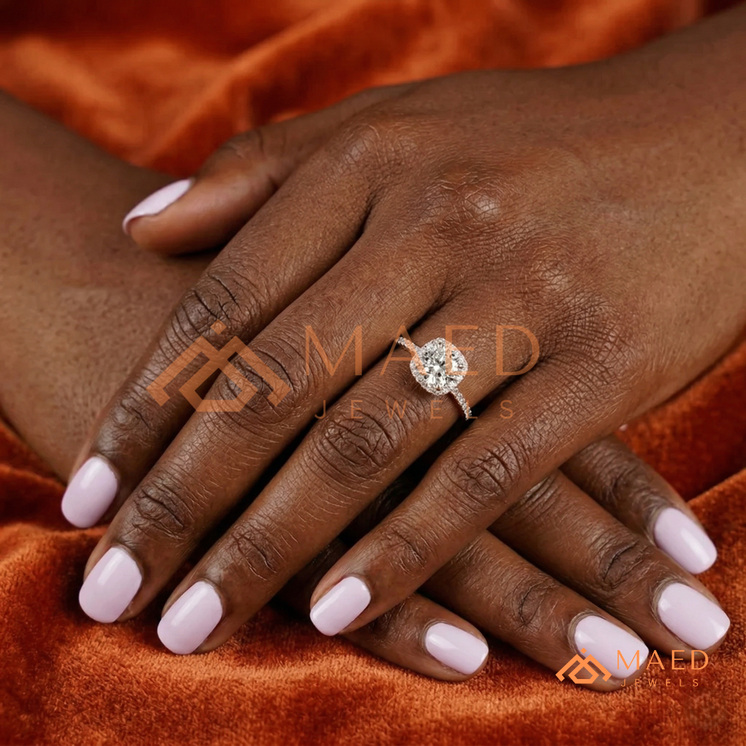 East-West Oval Cut Partial Halo Engagement Ring | 14k Gold, Rose Gold & Sterling Silver Shimmering Accented Band