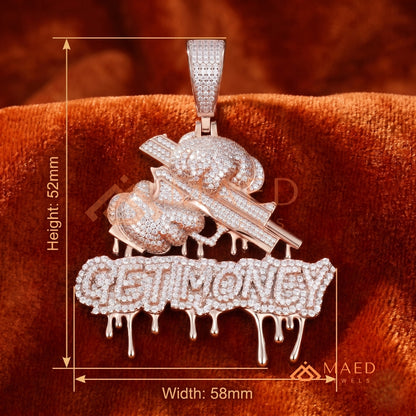 Iced Out "GET MONEY" Drip Pendant – 14K Gold, Rose Gold & Sterling Silver Hip Hop Charm