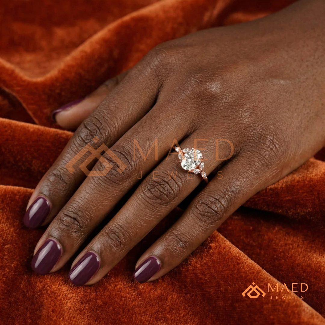 Oval Cut Marquise Cluster Engagement Ring | Nature Inspired Floral Wedding Ring | 14K Gold, Rose Gold & Sterling Silver