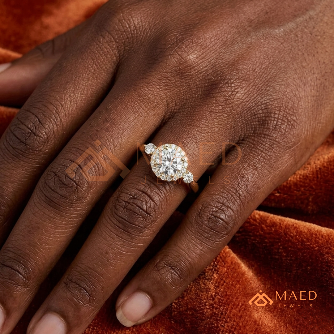 Majestic Oval Halo Diamond Simulant Ring in 14K Yellow Gold, Rose Gold & Sterling Silver