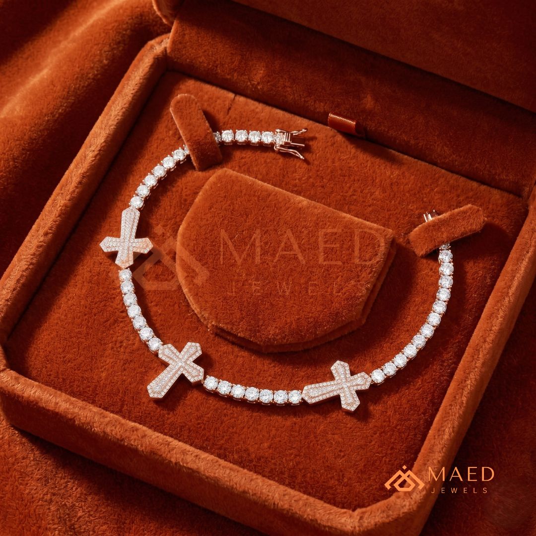 Multi-Cross Iced Tennis Bracelet – Sterling Silver, Gold & Rose Gold