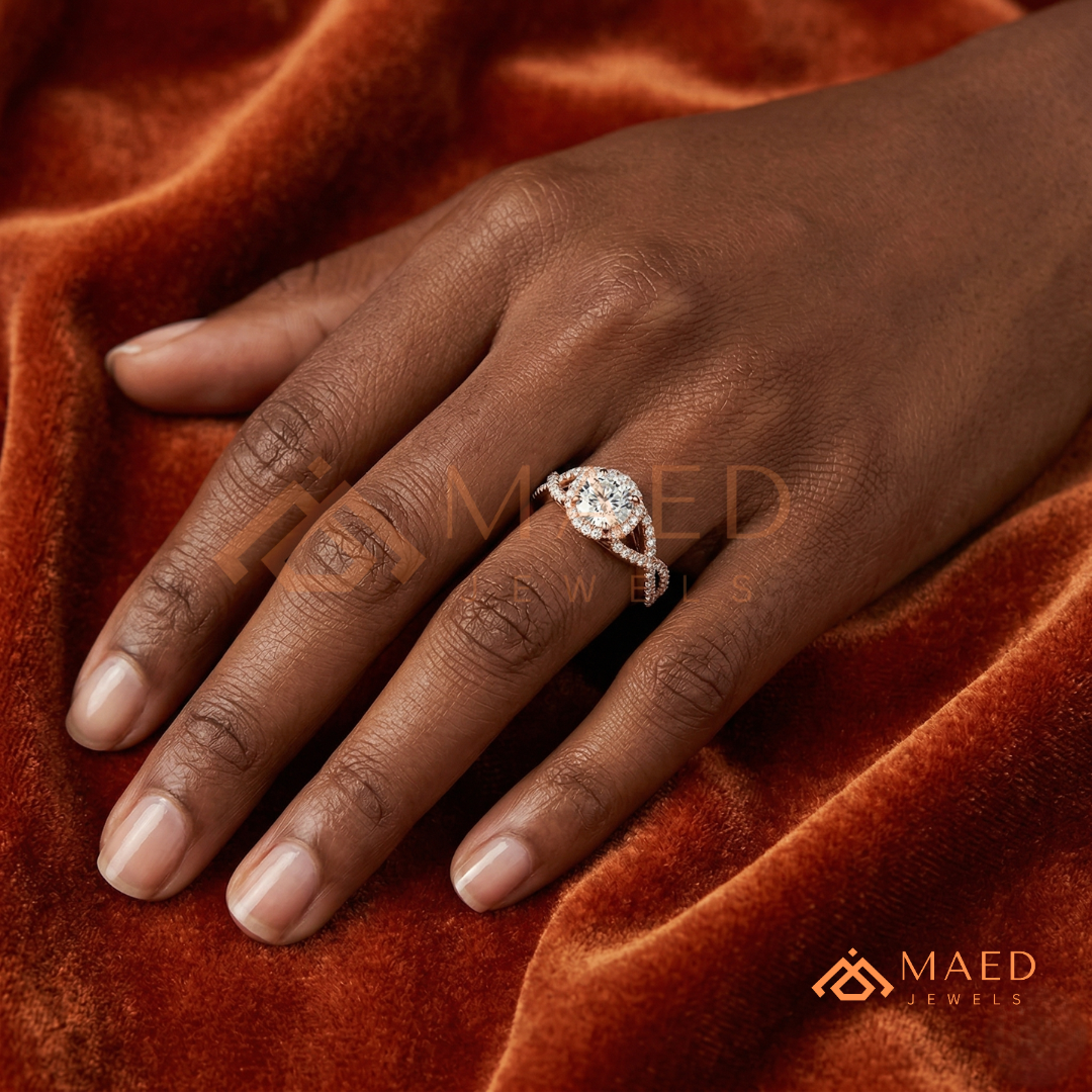 Entwined Infinity Halo Diamond Simulant Ring in 14K Yellow Gold, Rose Gold & Silver