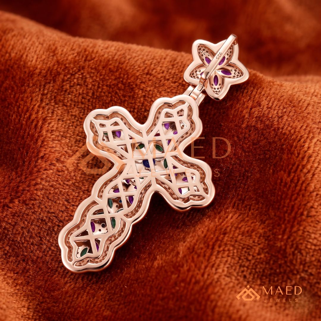 Iced Out Baroque Cross Statement Pendant with Pink & Green Stones
