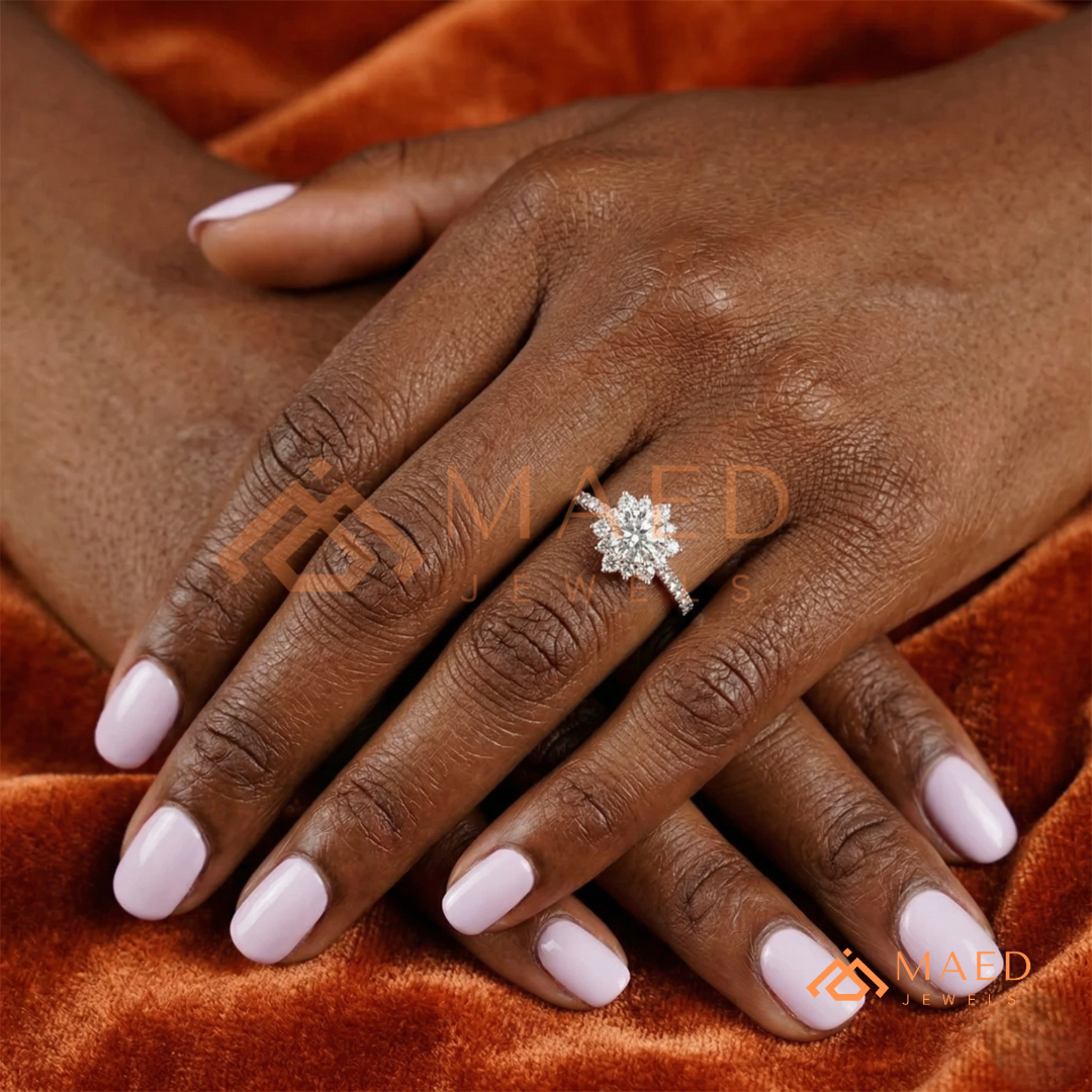 Vintage Starburst Halo Round Cut Engagement Ring with Pave Band in Silver, 14K Gold & Rose Gold