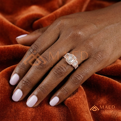 Three-Stone Emerald Cut Halo Engagement Ring | Triple Row Pave Band in 14K Gold & Silver
