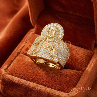 Men's Heavy Pave Crystal Jesus Portrait Ring in 925 Sterling Silver & 14K Gold Finish