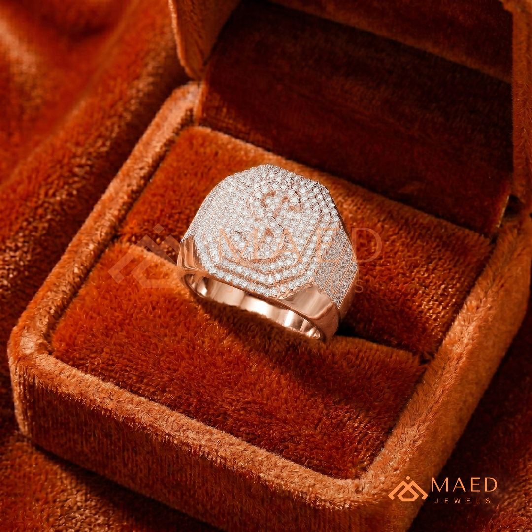 Men's Iced-Out Dollar Sign Signet Ring | Sterling Silver, 14K Gold & Rose Gold