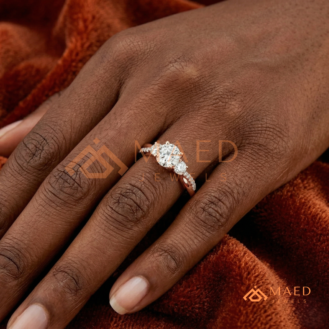Classic 3-Stone Twisted Pavé Diamond Simulant Ring in Gold, Rose Gold & Silver