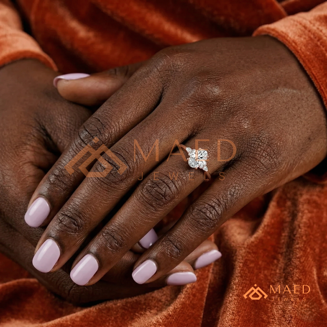Oval Cut Engagement Ring with Pear and Round Cluster Band in Silver, 14K Gold, & 14K Rose Gold