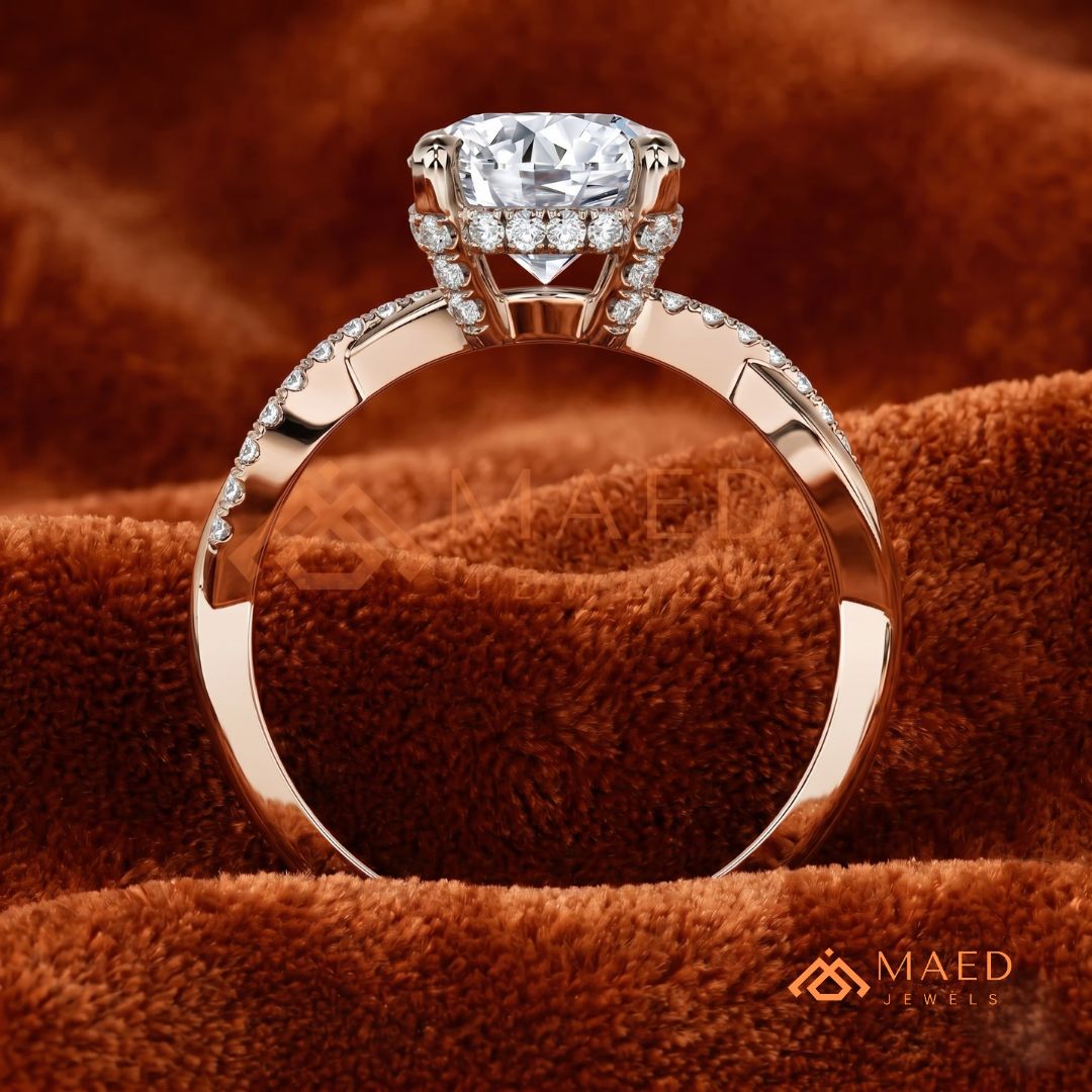 Round Cut Engagement Ring with Twisted Pavé Band in Silver, 14K Gold, & 14K Rose Gold
