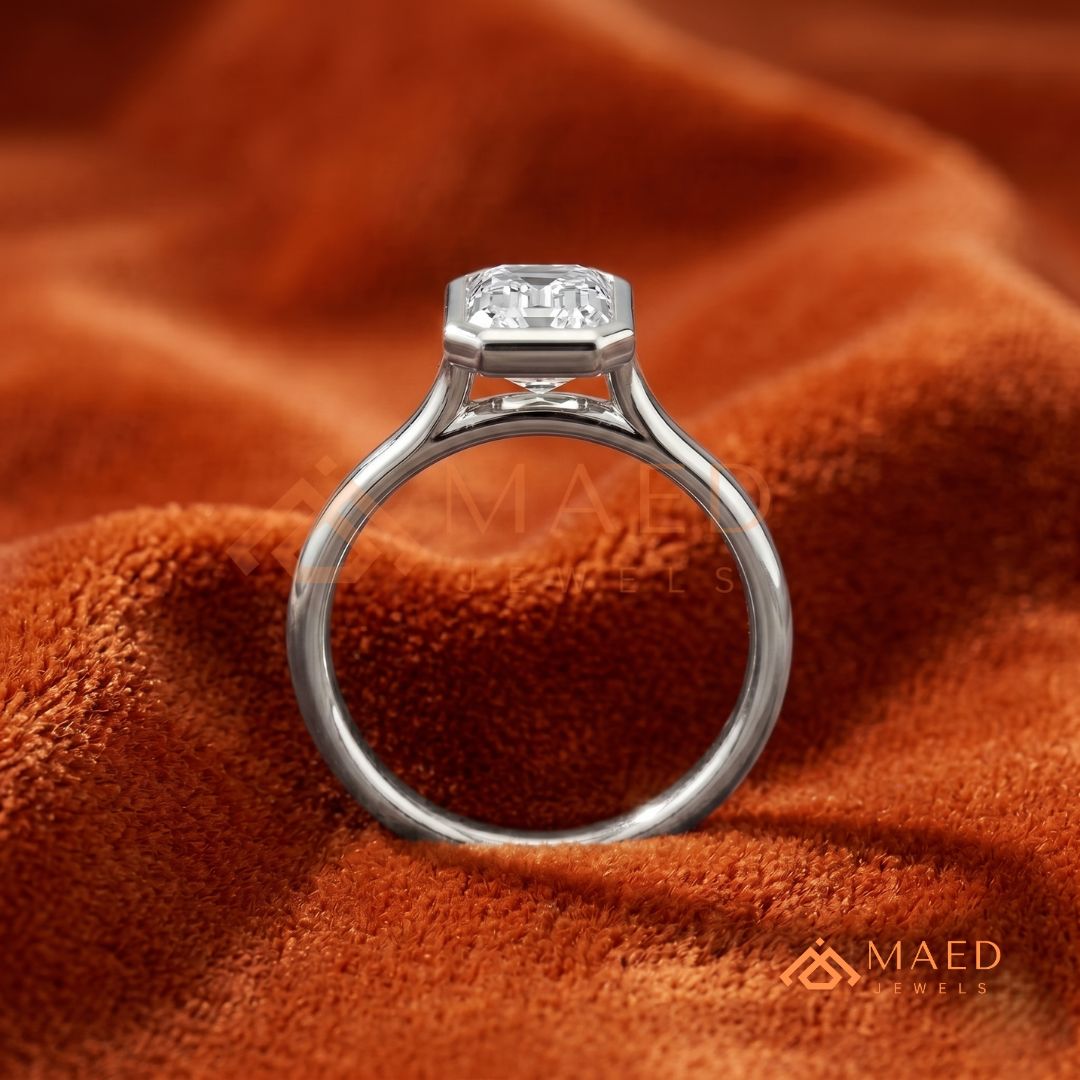 Modern Emerald Cut Solitaire Bezel Engagement Ring in Silver, 14K Gold & Rose Gold