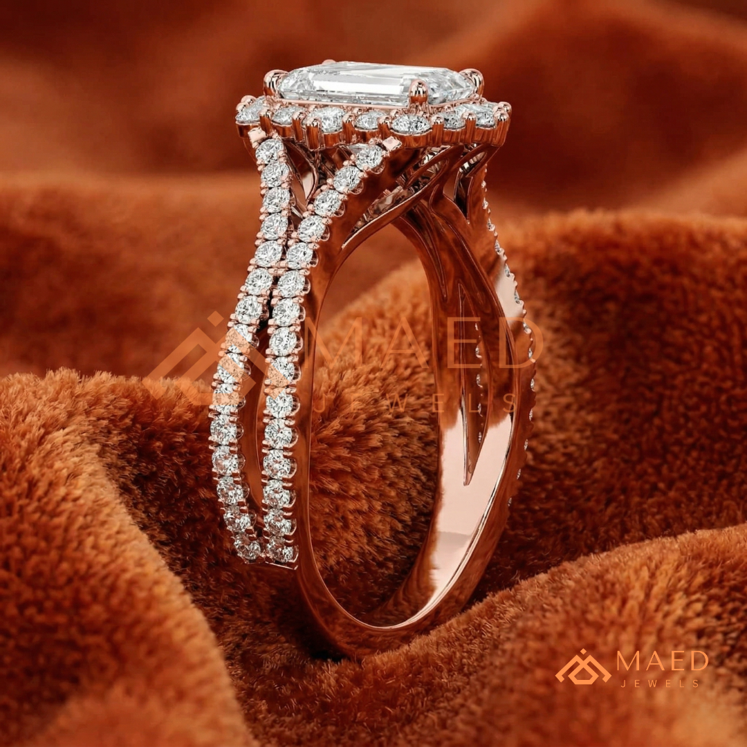 Emerald Cut Starburst Halo Engagement Ring | Split Shank Band in 14k Gold, Rose Gold & Silver
