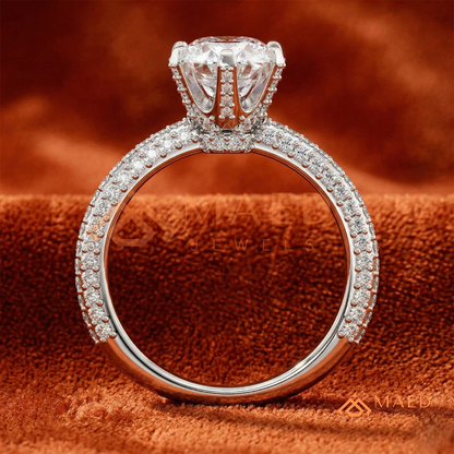 Oval Cut Engagement Ring | Triple Row Micro Pave Band in 14K Gold & Sterling Silver