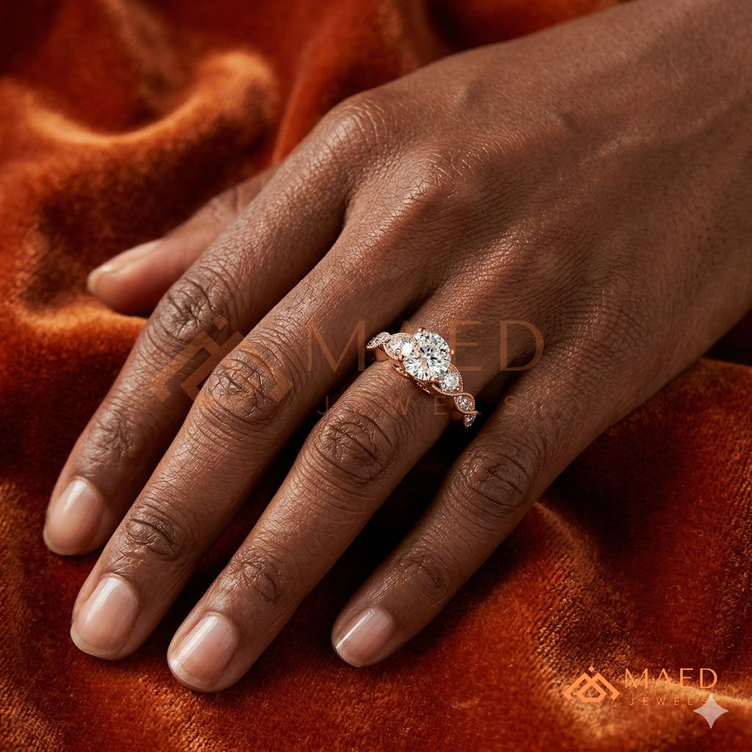 Vintage-Inspired Three-Stone Engagement Ring with Milgrain Twisted Band