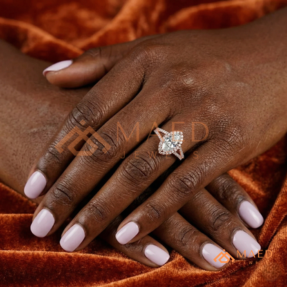 Marquise Cut Halo Engagement Ring | Split Shank Pave Band in 14K Gold & Silver