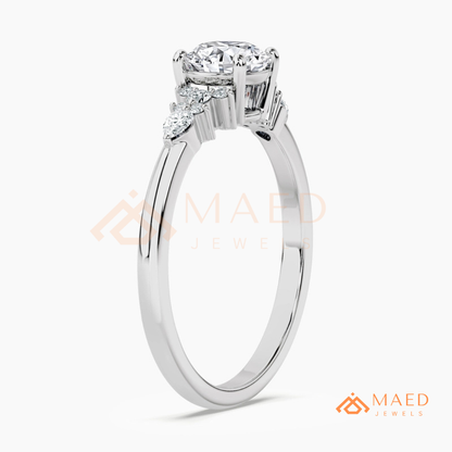 Round Cut Cluster Engagement Ring in 14K Gold, Rose Gold & Silver | Vintage Pear Accent Moissanite Ring for Women