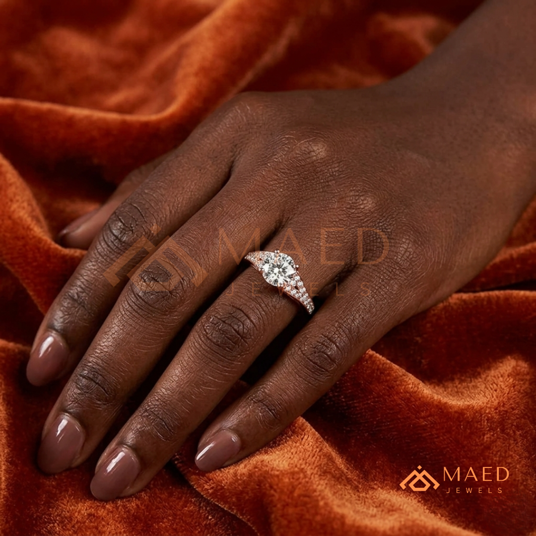Round Cut Engagement Ring with Pavé Accents in 14K Gold, Rose Gold or Silver