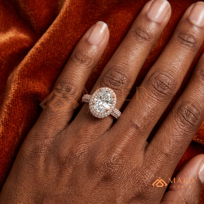 Radiant Oval Double Halo Engagement Ring with Multi-Row Pavé Band