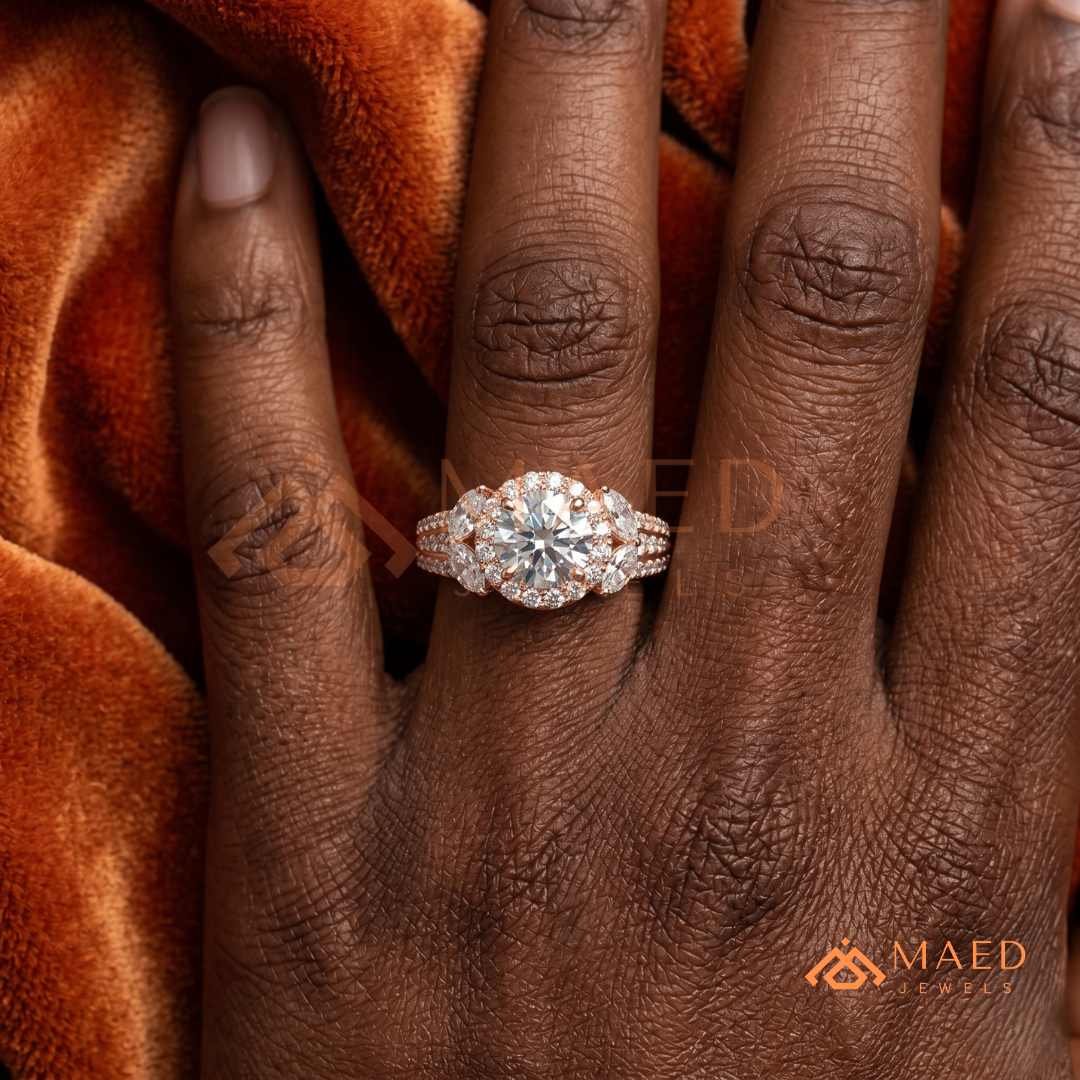 Radiant Halo Engagement Ring with Marquise Side Stones & Pavé Band