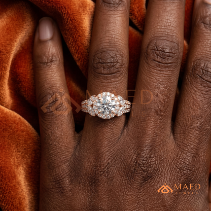 Radiant Halo Engagement Ring with Marquise Side Stones & Pavé Band