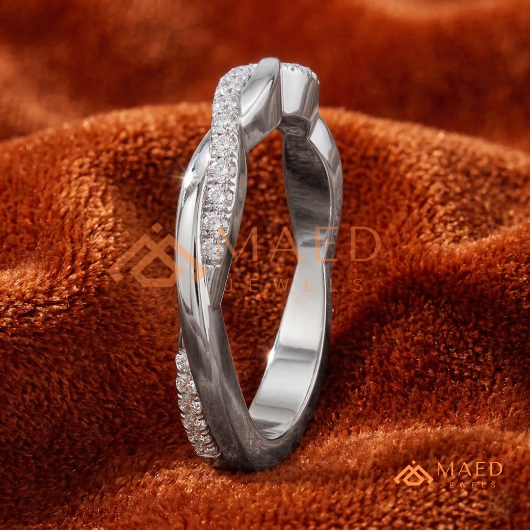 Half-Pavé Twisted Vine Diamond Wedding Band | Interlocking Infinity Wave Ring in Silver, 14K Gold, & Rose Gold