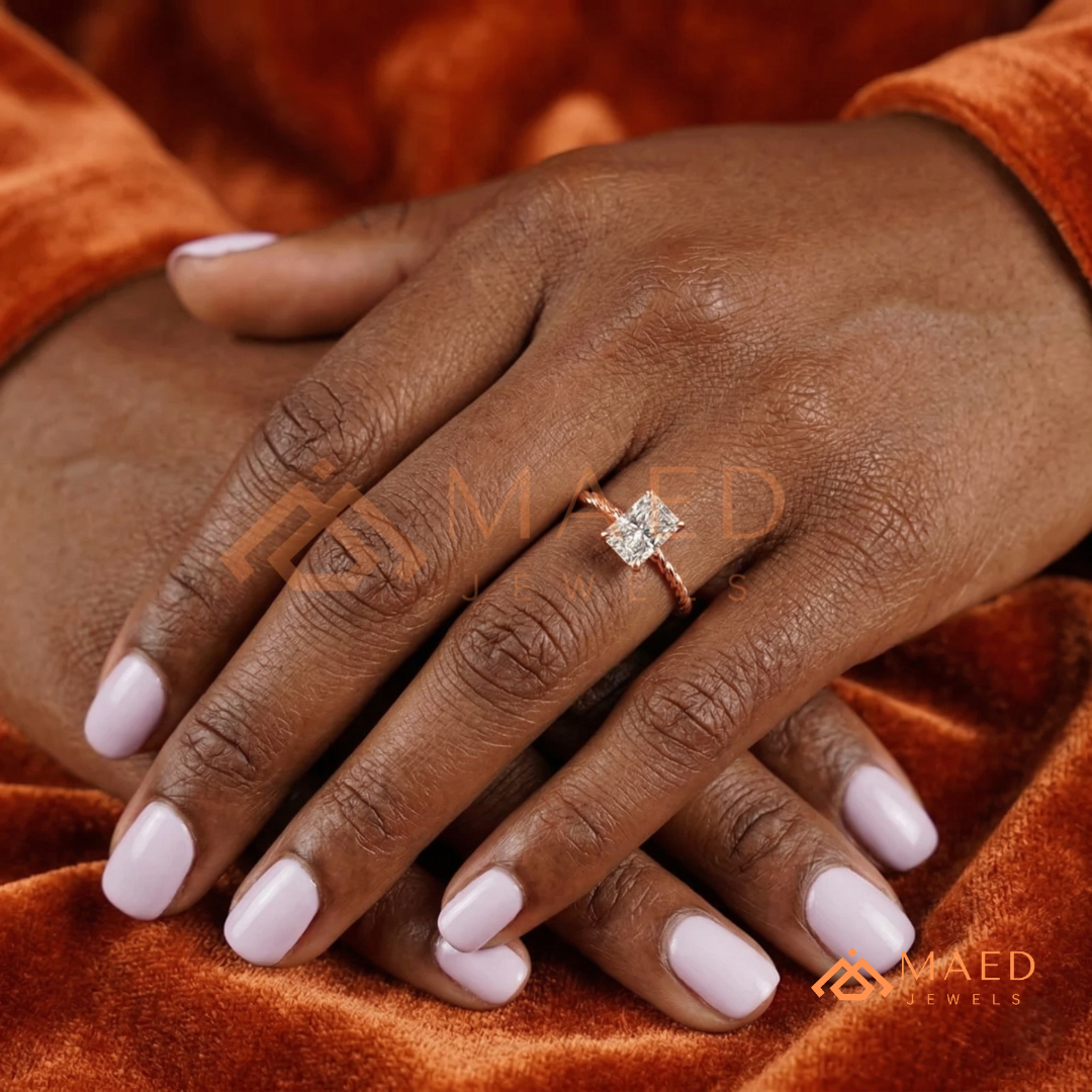 Classic Radiant Cut Twisted Cable Solitaire Ring in Silver, 14K Yellow Gold, or Rose Gold