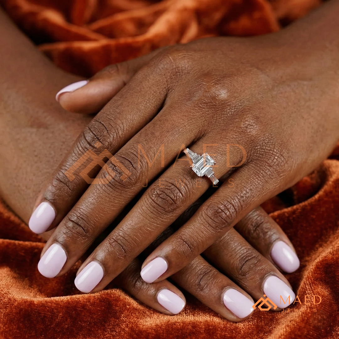 Emerald Cut Three-Stone Ring with Baguette and Channel Princess Band in Silver, 14K Gold, & 14K Rose Gold