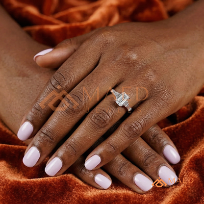Emerald Cut Three-Stone Ring with Baguette and Channel Princess Band in Silver, 14K Gold, & 14K Rose Gold
