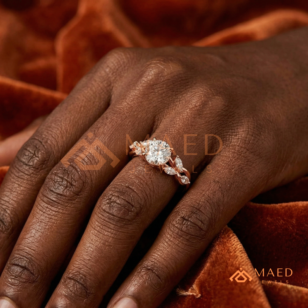 Nature Inspired Round Cut Moissanite Engagement Ring, Marquise Diamond Vine Leaf Wedding Ring in Silver, 14K Gold & Rose Gold