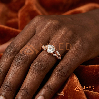 Nature Inspired Round Cut Moissanite Engagement Ring, Marquise Diamond Vine Leaf Wedding Ring in Silver, 14K Gold & Rose Gold