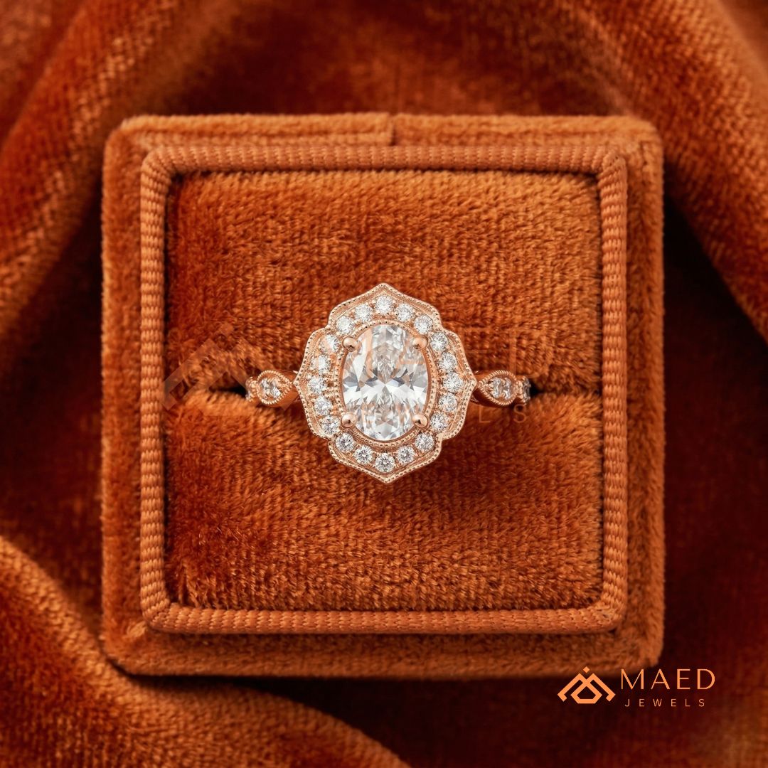 Vintage Oval Cut Art Deco Halo Engagement Ring | Milgrain Band in 14k Gold & Silver