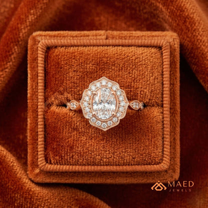 Vintage Oval Cut Art Deco Halo Engagement Ring | Milgrain Band in 14k Gold & Silver