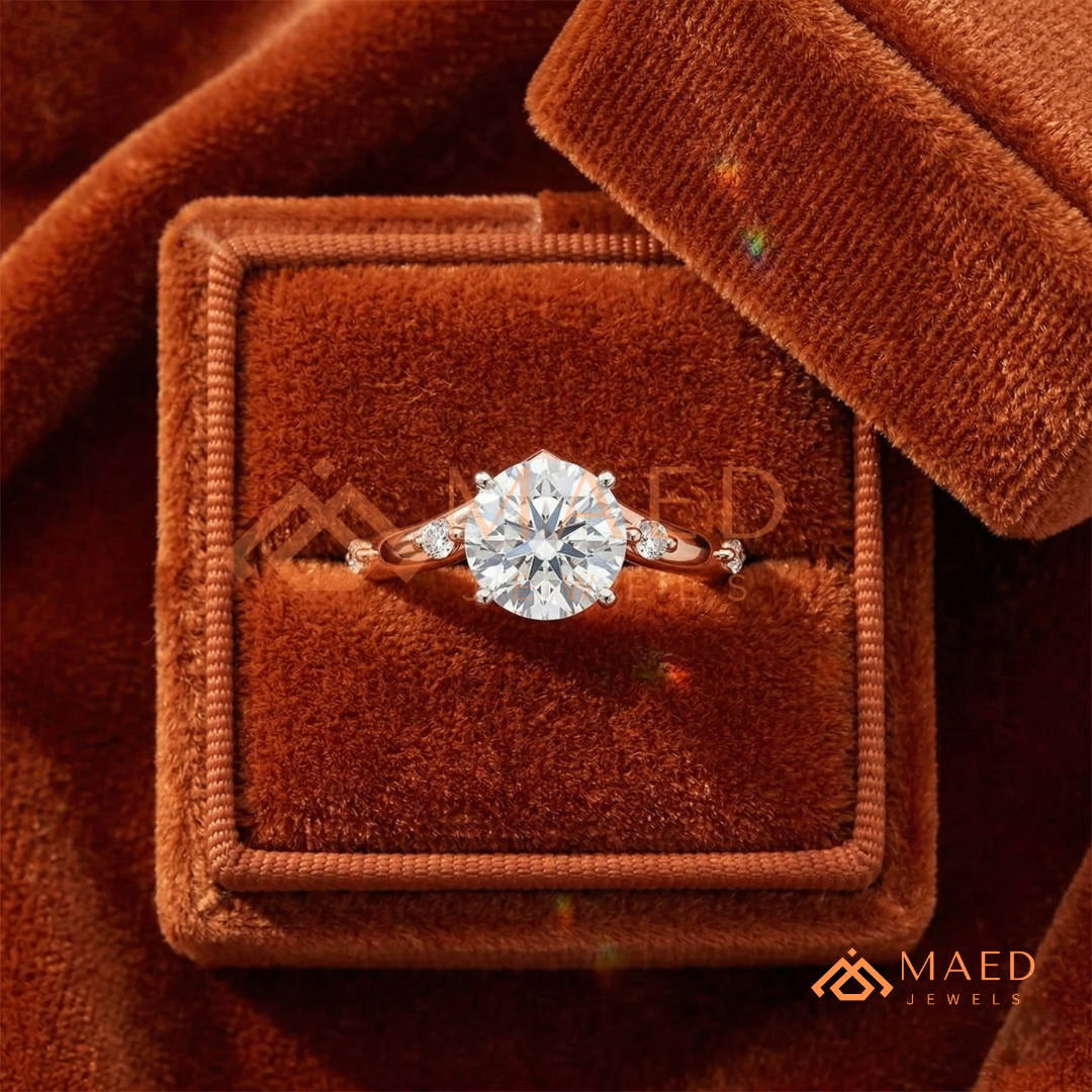 Round Cut Chevron Engagement Ring in Sterling Silver, 14K Gold & 14K Rose Gold