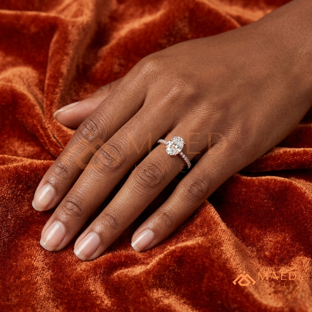 Oval Cut Moissanite Engagement Ring in 14K Gold, Rose Gold & Sterling Silver | Pave Diamond Simulant Wedding Band