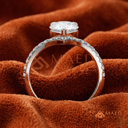 Pear Cut Chevron Engagement Ring with V-Shaped Pavé Band in Silver, 14K Gold, & 14K Rose Gold