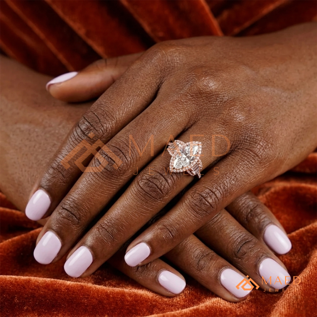 Vintage Marquise Cut 3-Stone Halo Ring with Triple-Row Pavé Band