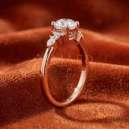 Round Cut Cluster Engagement Ring in 14K Gold, Rose Gold & Silver | Vintage Pear Accent Moissanite Ring for Women
