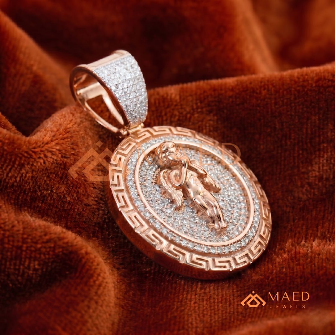 925 Sterling Silver Micro Pave Angel Medallion Pendant with Greek Key Border