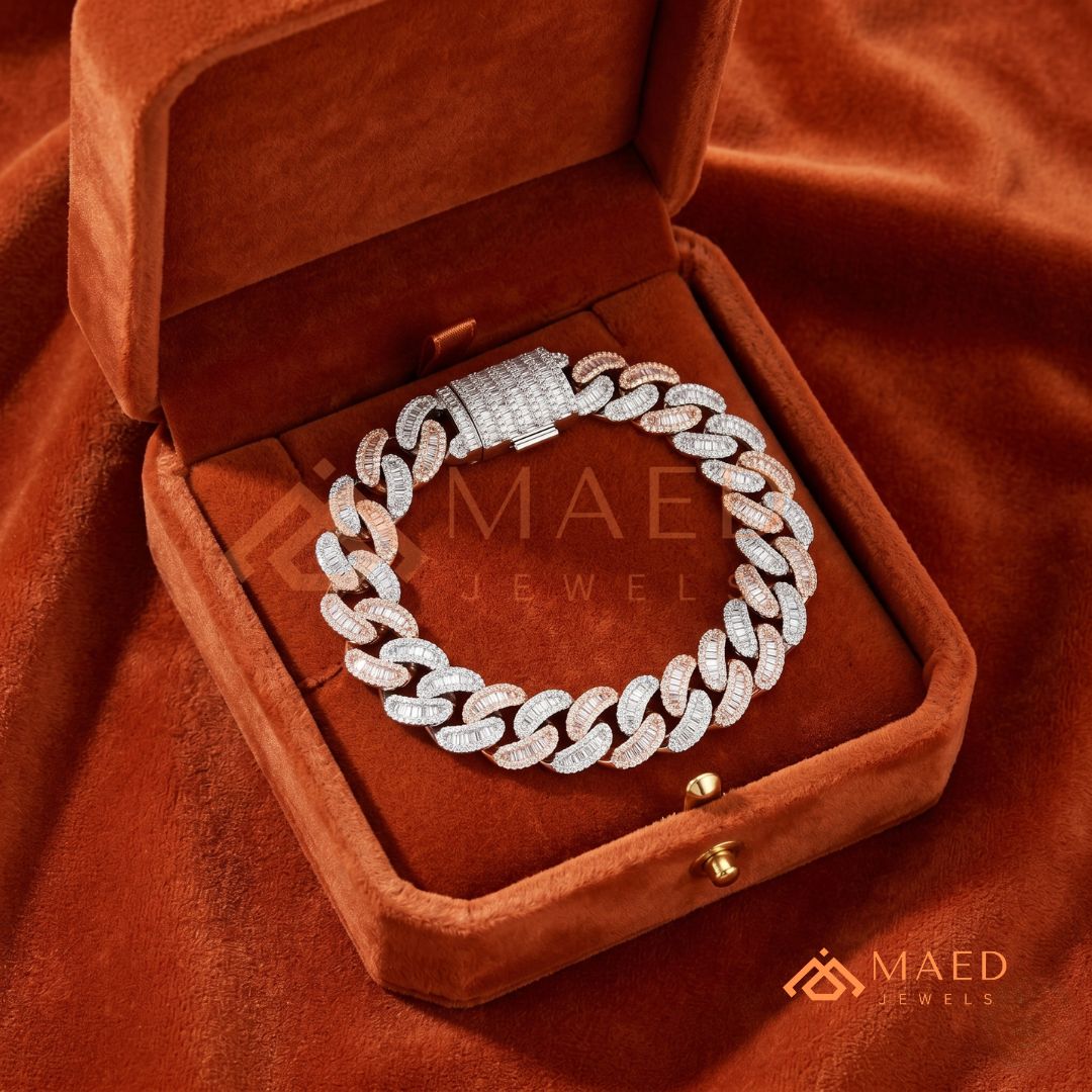 Iced Baguette Cuban Link Bracelet – 925 Silver, Gold & Rose Gold