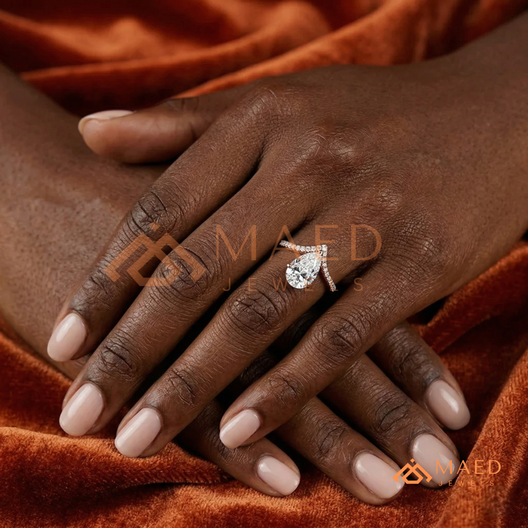 Pear Cut Chevron Engagement Ring in Sterling Silver, 14K Gold & 14K Rose Gold