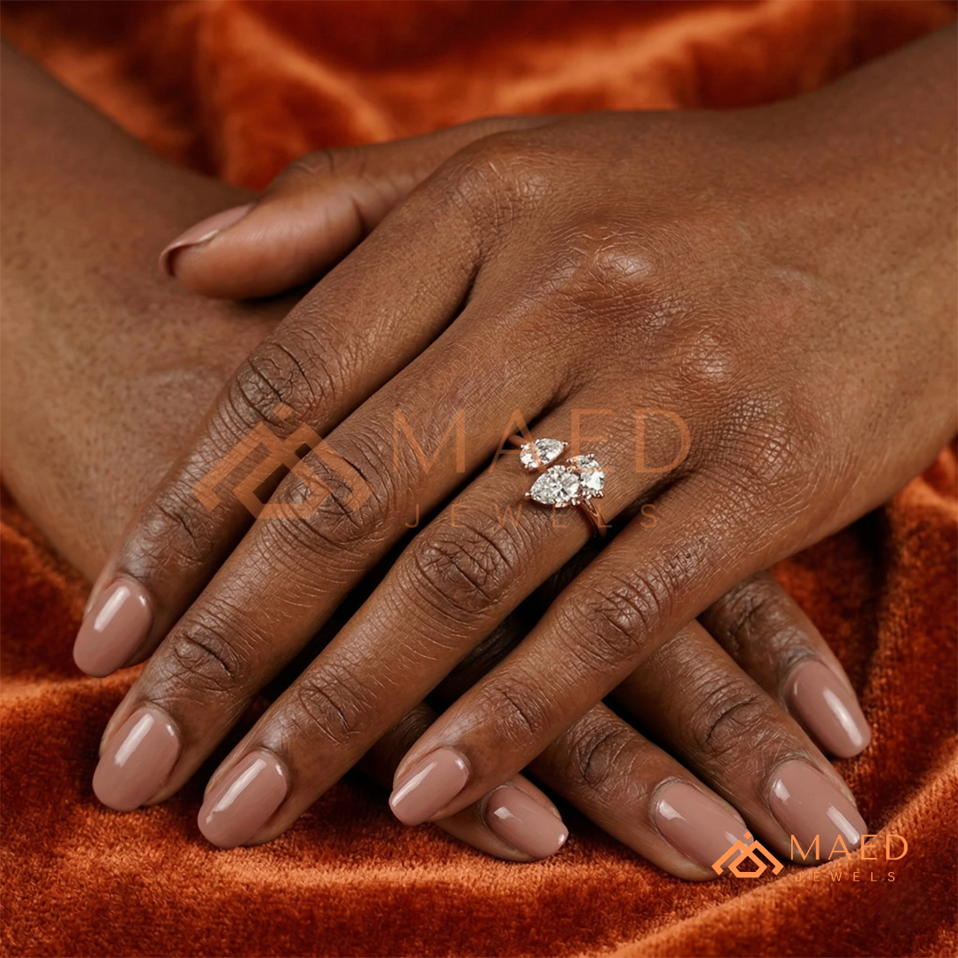 Toi et Moi Dual Pear Cut Bypass Engagement Ring in 14K Gold, Rose Gold & Silver