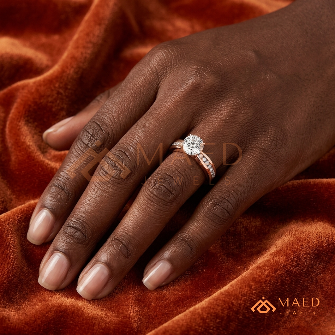 Round Brilliant Solitaire Engagement Ring with Channel Set Band – Sterling Silver, 14K Gold, or 14K Rose Gold