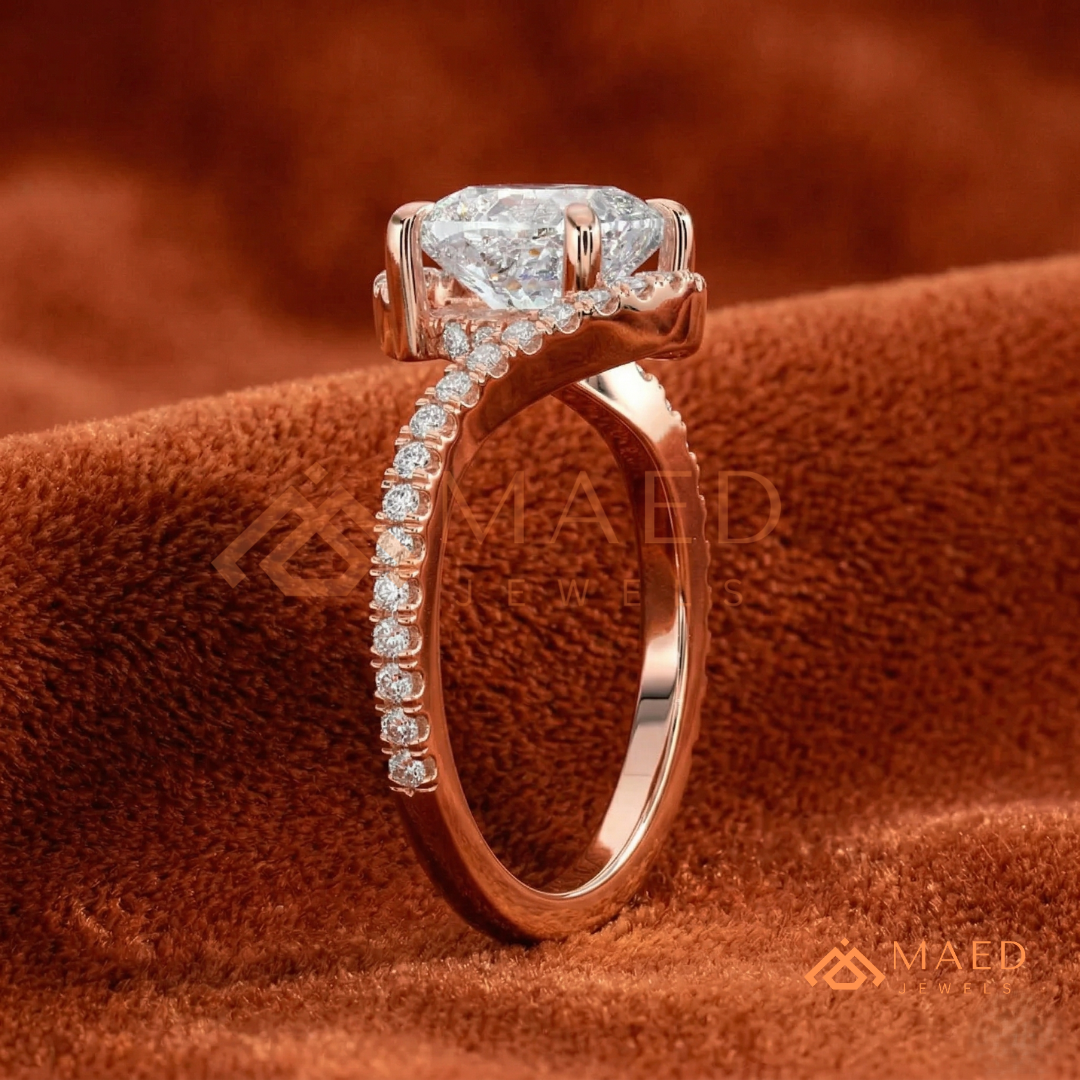 Cushion Cut Moissanite Bypass Halo Engagement Ring in Sterling Silver, 14K White Gold & Rose Gold | Criss Cross Diamond Simulant Wedding Ring