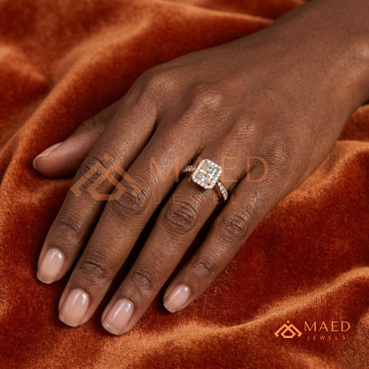 Radiant Cut Rectangular Halo Engagement Ring with Twisted Pavé Band