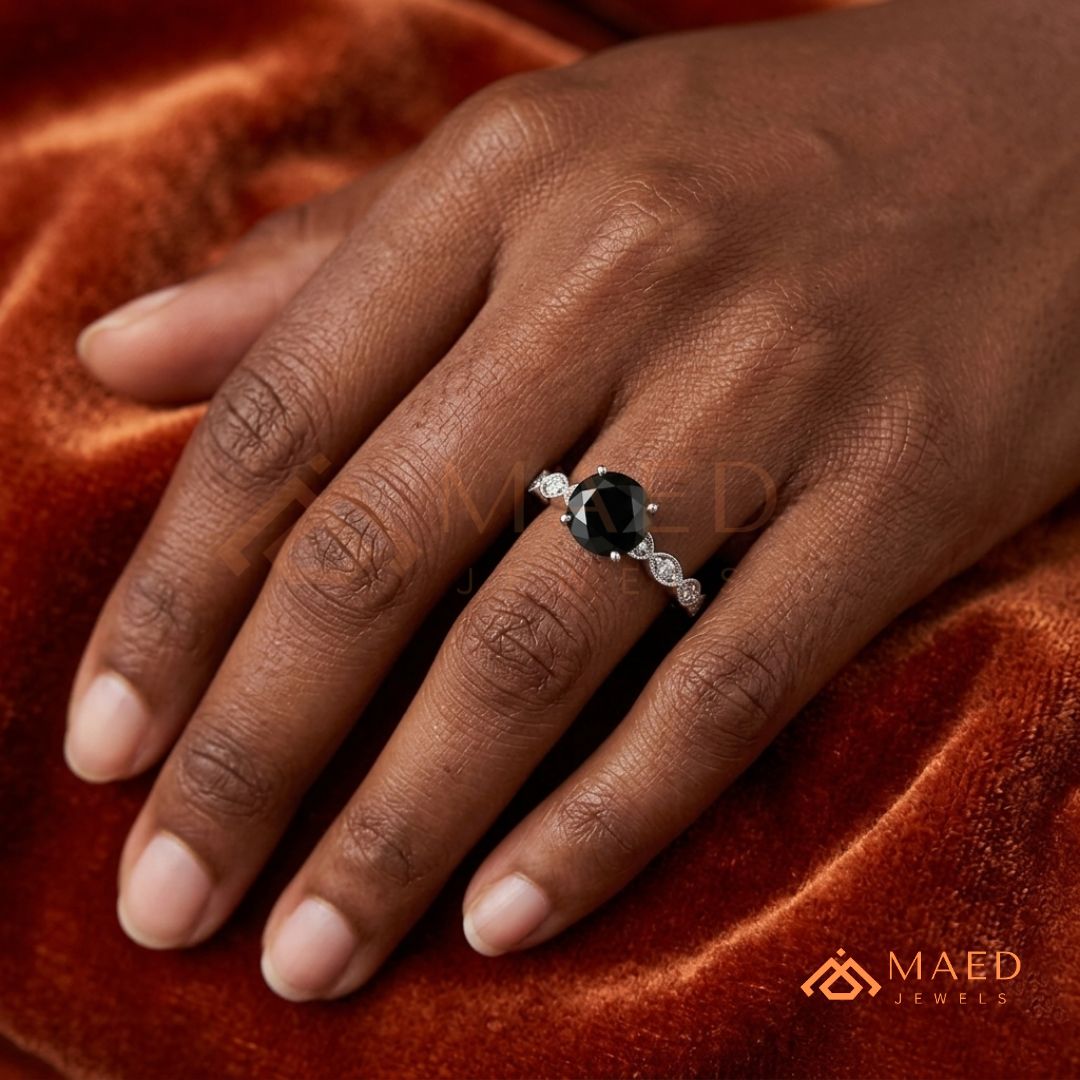 Art Deco Black Stone Ring with Milgrain Marquise Band – Silver, 14K Yellow & Rose Gold