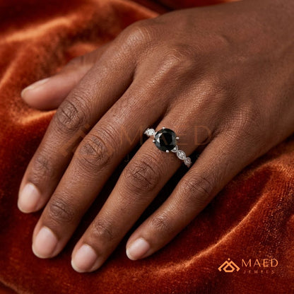 Art Deco Black Stone Ring with Milgrain Marquise Band – Silver, 14K Yellow & Rose Gold