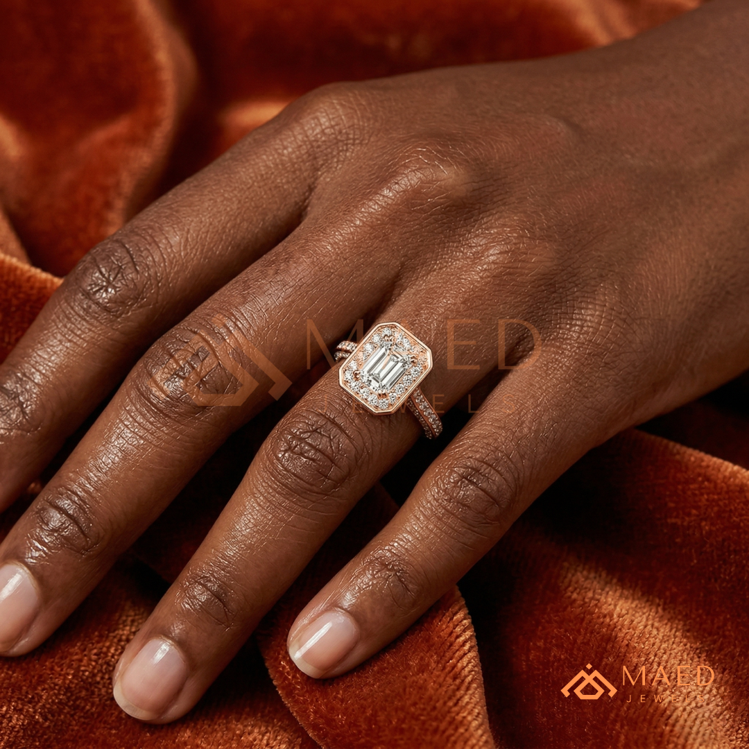 Art Deco Emerald Cut [Gemstone Type] Bezel Halo Ring in 14K Yellow Gold, Rose Gold & Silver
